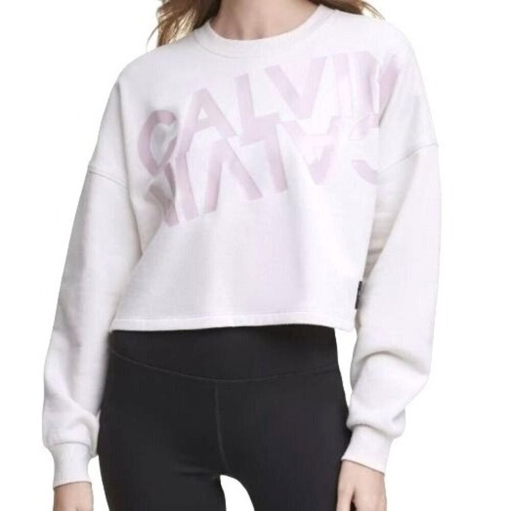 Calvin Klein Oversized Mirror Logo Cropped Sweatshirt Spell Out L Long Sleeve